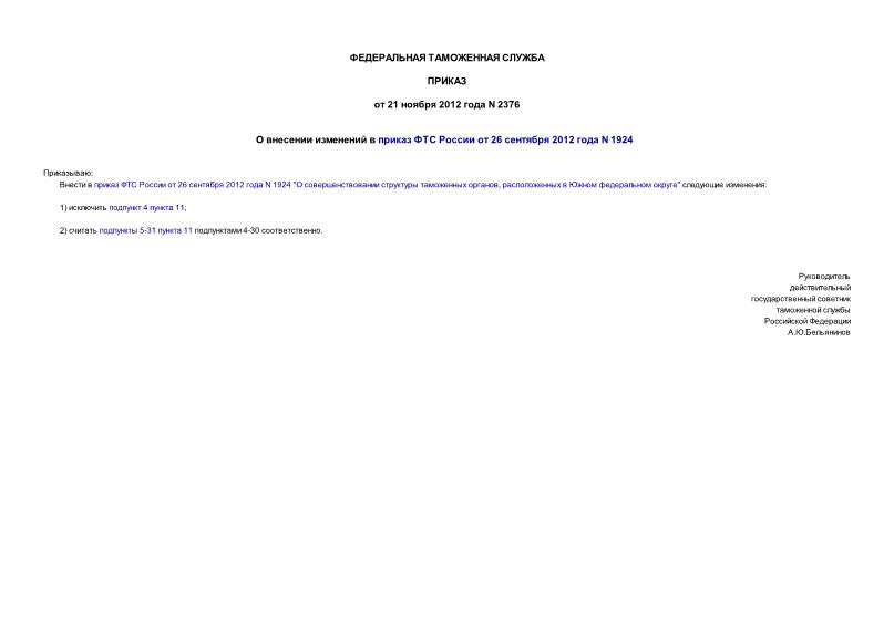 Приказ 2376 О внесении изменений в приказ ФТС России от 26 сентября 2012 года N 1924