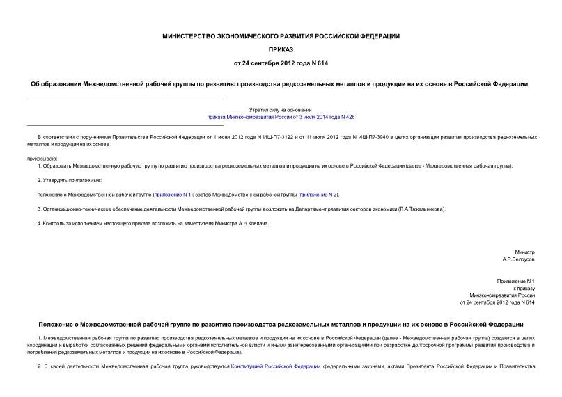 Приказ 614 Об образовании Межведомственной рабочей группы по развитию производства редкоземельных металлов и продукции на их основе в Российской Федерации
