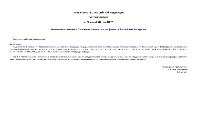 Постановление 577 О внесении изменения в Положение о Министерстве финансов Российской Федерации