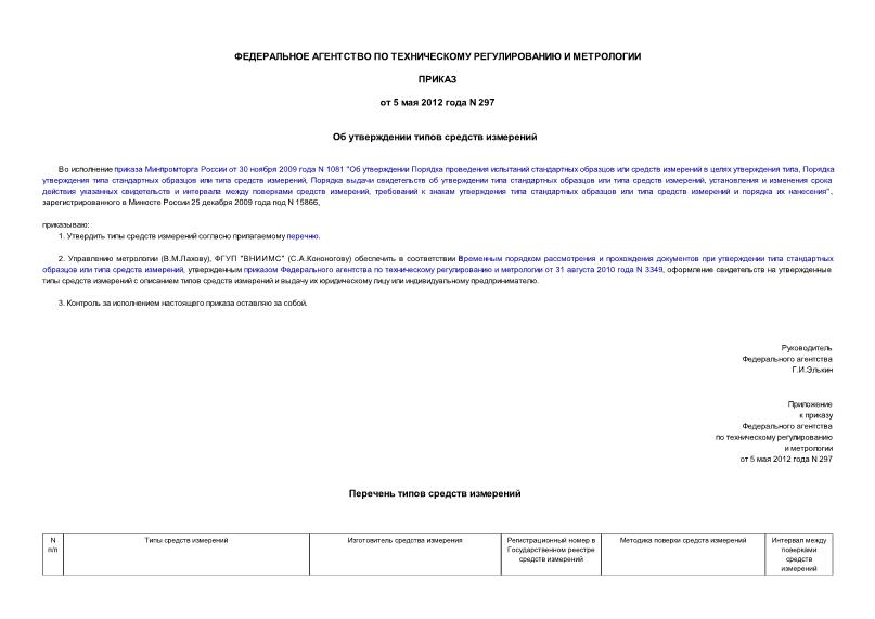 Приказ 297 Об утверждении типов средств измерений