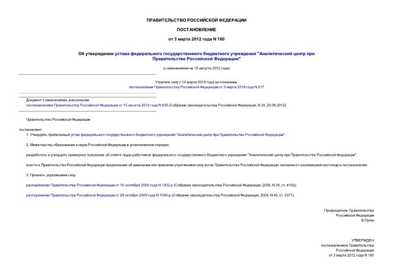 Постановление 180 Об утверждении устава федерального государственного бюджетного учреждения 