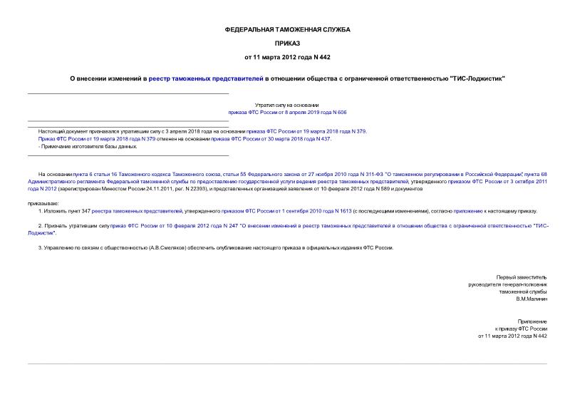 Приказ 442 О внесении изменений в реестр таможенных представителей в отношении общества с ограниченной ответственностью 