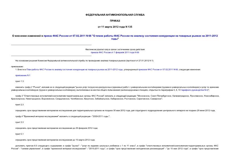 Приказ 135 О внесении изменений в приказ ФАС России от 07.02.2011 N 66 