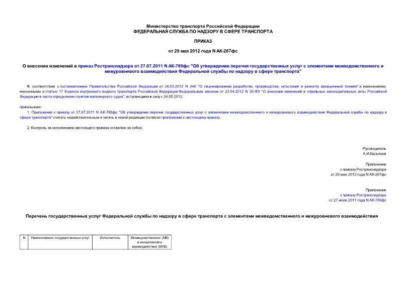 Приказ АК-267фс О внесении изменений в приказ Ространснадзора от 27.07.2011 N АК-789фс 