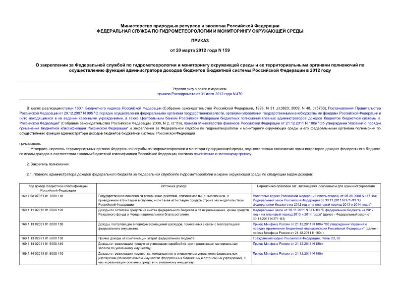 Приказ 159 О закреплении за Федеральной службой по гидрометеорологии и мониторингу окружающей среды и ее территориальными органами полномочий по осуществлению функций администратора доходов бюджетов бюджетной системы Российской Федерации в 2012 году