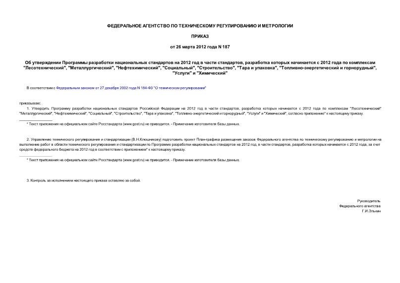 Приказ 187 Об утверждении Программы разработки национальных стандартов на 2012 год в части стандартов, разработка которых начинается с 2012 года по комплексам 