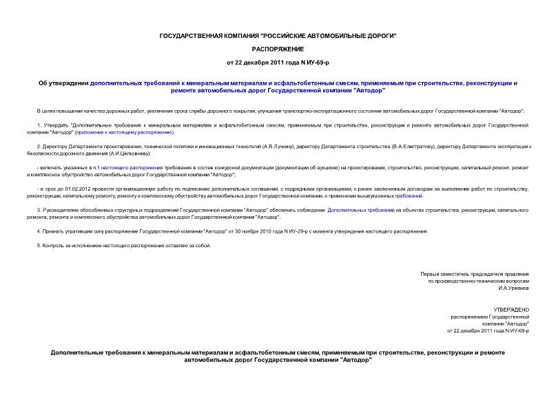 Распоряжение ИУ-69-р Об утверждении дополнительных требований к минеральным материалам и асфальтобетонным смесям, применяемым при строительстве, реконструкции и ремонте автомобильных дорог Государственной компании 