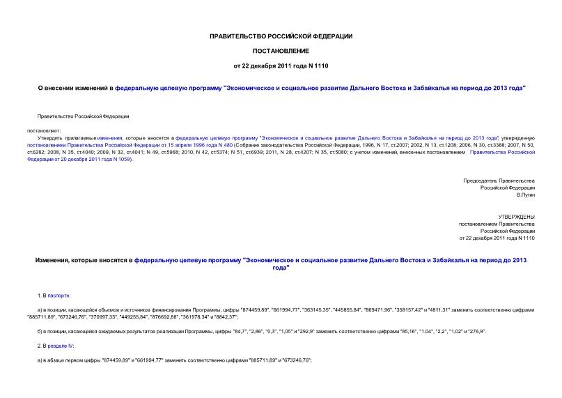 Постановление 1110 О внесении изменений в федеральную целевую программу 