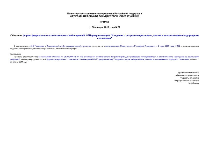 Приказ 21 Об отмене формы федерального статистического наблюдения N 2-ТП (рекультивация) 