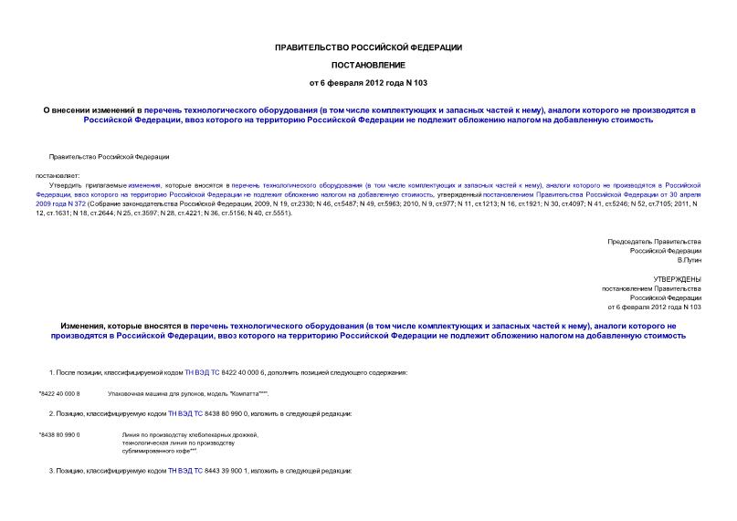 Постановление 103 О внесении изменений в перечень технологического оборудования (в том числе комплектующих и запасных частей к нему), аналоги которого не производятся в Российской Федерации, ввоз которого на территорию Российской Федерации не подлежит обложению налогом на добавленную стоимость
