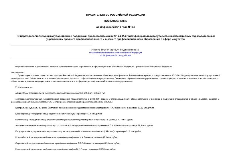 Постановление 134 О мерах дополнительной государственной поддержки, предоставляемой в 2012-2014 годах федеральным государственным бюджетным образовательным учреждениям среднего профессионального и высшего профессионального образования в сфере искусства