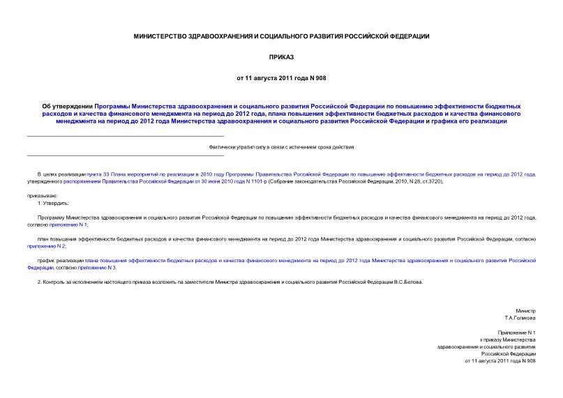 Приказ 908 Об утверждении Программы Министерства здравоохранения и социального развития Российской Федерации по повышению эффективности бюджетных расходов и качества финансового менеджмента на период до 2012 года, плана повышения эффективности бюджетных расходов и качества финансового менеджмента на период до 2012 года Министерства здравоохранения и социального развития Российской Федерации и графика его реализации