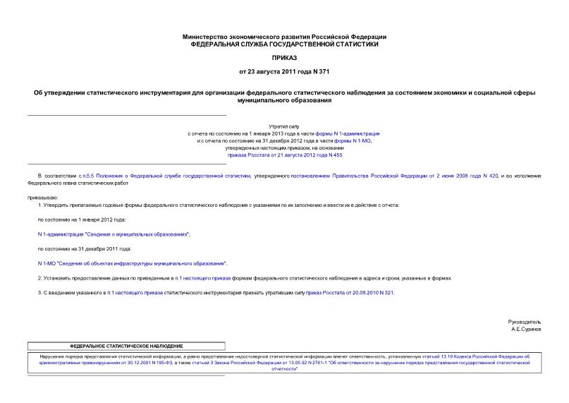 Приказ 371 Об утверждении статистического инструментария для организации федерального статистического наблюдения за состоянием экономики и социальной сферы муниципального образования