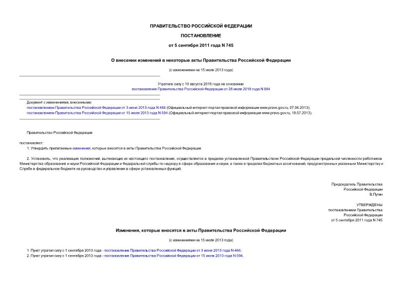 Постановление 745 О внесении изменений в некоторые акты Правительства Российской Федерации
