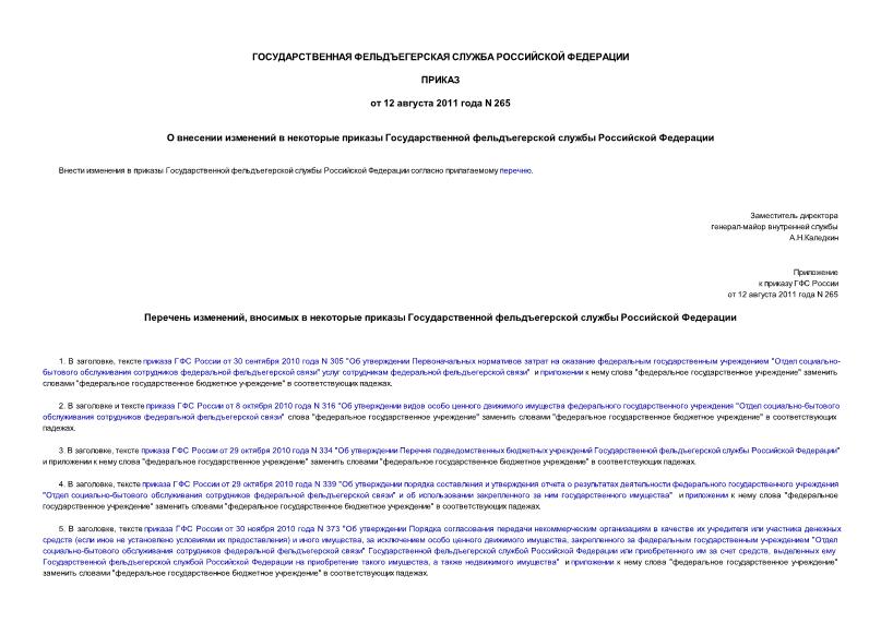 Приказ 265 О внесении изменений в некоторые приказы Государственной фельдъегерской службы Российской Федерации