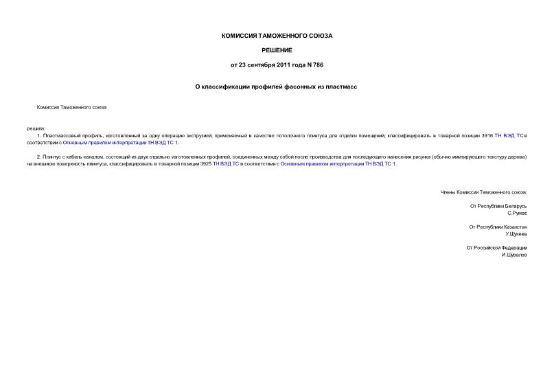 Решение 786 О классификации профилей фасонных из пластмасс