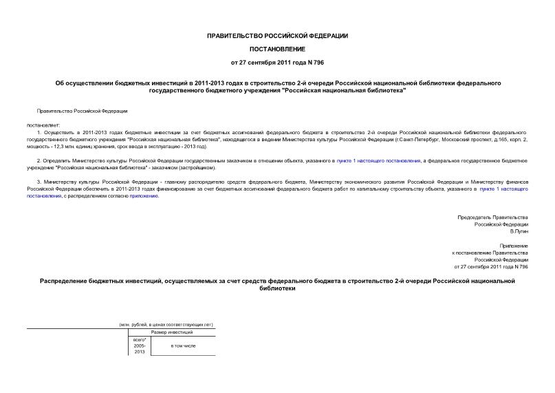Постановление 796 Об осуществлении бюджетных инвестиций в 2011-2013 годах в строительство 2-й очереди Российской национальной библиотеки федерального государственного бюджетного учреждения 