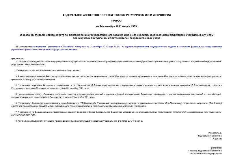 Приказ 4905 О создании Методического совета по формированию государственного задания и расчета субсидий федерального бюджетного учреждения, с учетом планируемых поступлений от потребителей государственных услуг