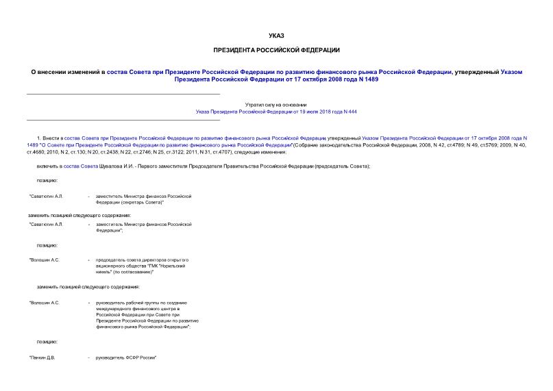 Указ 1380 О внесении изменений в состав Совета при Президенте Российской Федерации по развитию финансового рынка Российской Федерации, утвержденный Указом Президента Российской Федерации от 17 октября 2008 года N 1489