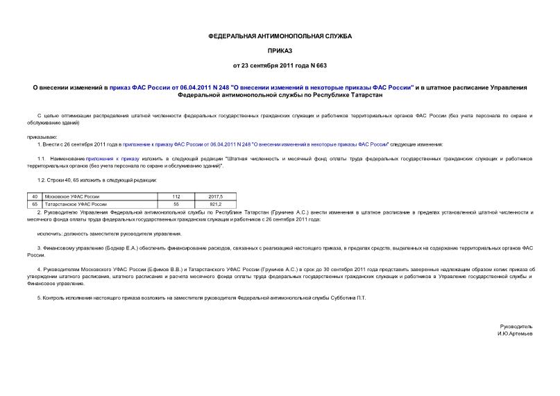 Приказ 663 О внесении изменений в приказ ФАС России от 06.04.2011 N 248 