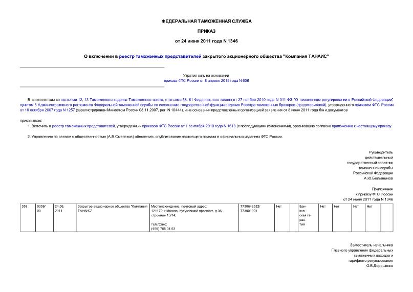 Приказ 1346 О включении в реестр таможенных представителей закрытого акционерного общества 