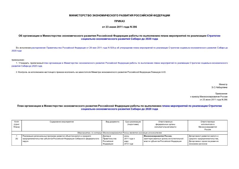 Приказ 286 Об организации в Министерстве экономического развития Российской Федерации работы по выполнению плана мероприятий по реализации Стратегии социально-экономического развития Сибири до 2020 года