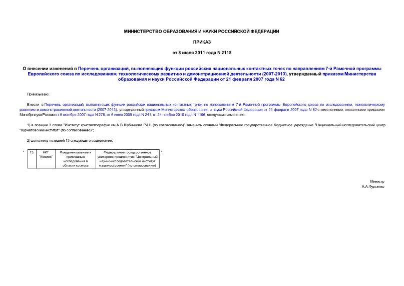 Приказ 2118 О внесении изменений в Перечень организаций, выполняющих функции российских национальных контактных точек по направлениям 7-й Рамочной программы Европейского союза по исследованиям, технологическому развитию и демонстрационной деятельности (2007-2013), утвержденный приказом Министерства образования и науки Российской Федерации от 21 февраля 2007 года N 62