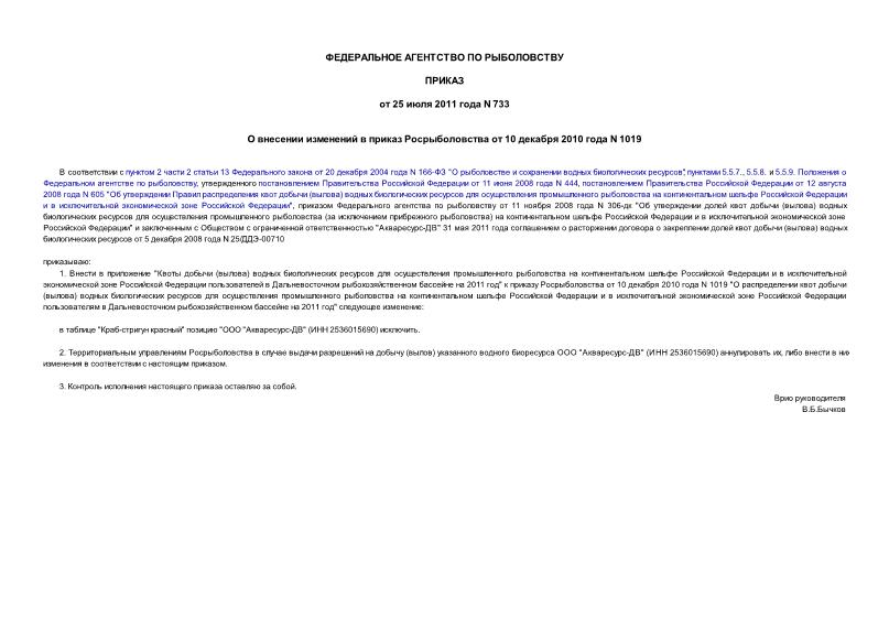Приказ 733 О внесении изменений в приказ Росрыболовства от 10 декабря 2010 года N 1019