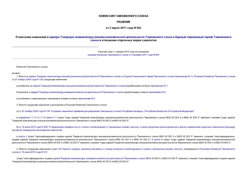 Решение 592 О внесении изменений в единую Товарную номенклатуру внешнеэкономической деятельности Таможенного союза и Единый таможенный тариф Таможенного союза в отношении отдельных видов самолетов