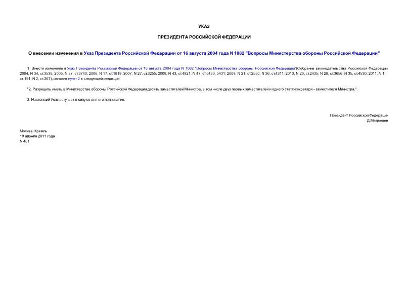 Указ 461 О внесении изменения в Указ Президента Российской Федерации от 16 августа 2004 года N 1082 