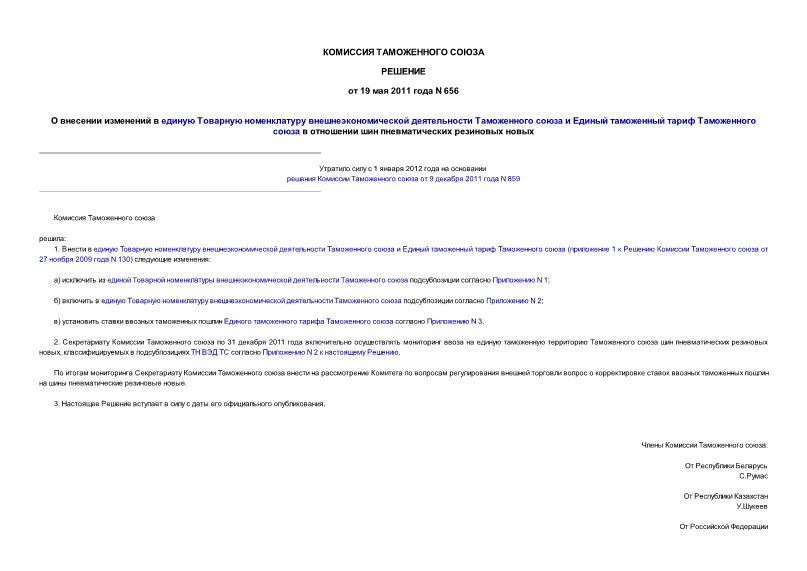 Решение 656 О внесении изменений в единую Товарную номенклатуру внешнеэкономической деятельности Таможенного союза и Единый таможенный тариф Таможенного союза в отношении шин пневматических резиновых новых