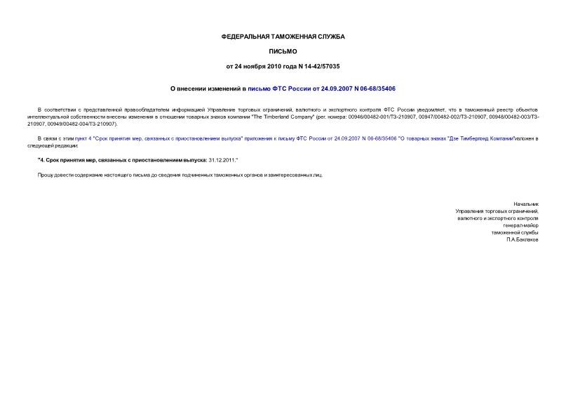 Письмо 14-42/57035 О внесении изменений в письмо ФТС России от 24.09.2007 N 06-68/35406