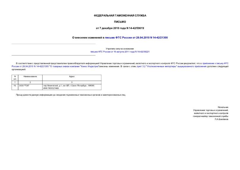 Письмо 14-42/59619 О внесении изменений в письмо ФТС России от 28.04.2010 N 14-42/21300