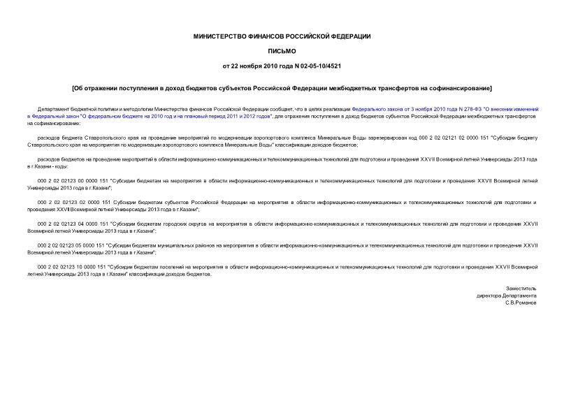 Письмо 02-05-10/4521 Об отражении поступления в доход бюджетов субъектов Российской Федерации межбюджетных трансфертов на софинансирование