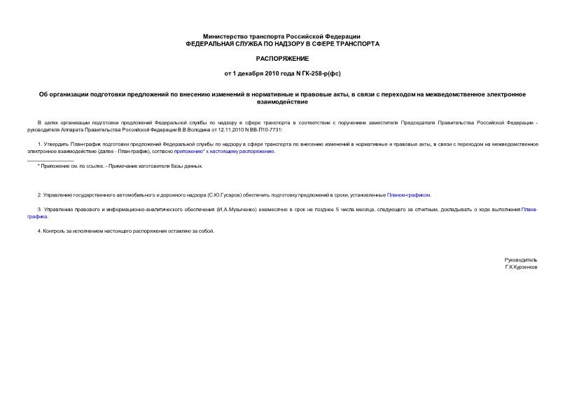 Распоряжение ГК-258-р(фс) Об организации подготовки предложений по внесению изменений в нормативные и правовые акты, в связи с переходом на межведомственное электронное взаимодействие