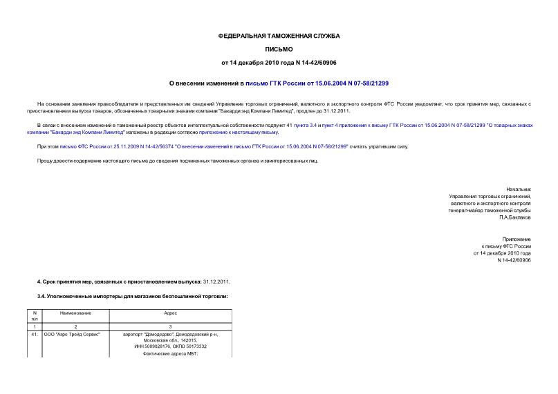 Письмо 14-42/60906 О внесении изменений в письмо ГТК России от 15.06.2004 N 07-58/21299