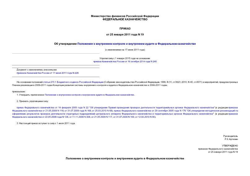 Приказ 19 Об утверждении Положения о внутреннем контроле и внутреннем аудите в Федеральном казначействе