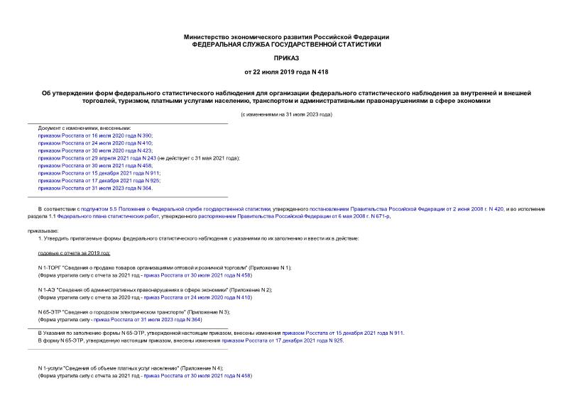 Приказ 418 Об утверждении форм федерального статистического наблюдения для организации федерального статистического наблюдения за внутренней и внешней торговлей, туризмом, платными услугами населению, транспортом и административными правонарушениями в сфере экономики