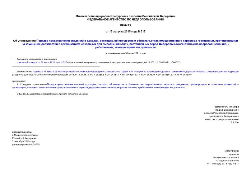 Приказ 517 Об утверждении Порядка представления сведений о доходах, расходах, об имуществе и обязательствах имущественного характера гражданами, претендующими на замещение должностей в организациях, созданных для выполнения задач, поставленных перед Федеральным агентством по недропользованию, и работниками, замещающими эти должности