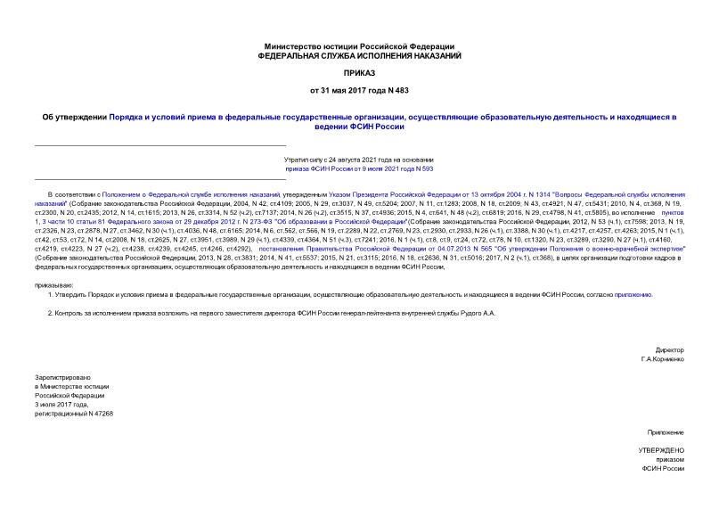 Приказ 483 Об утверждении Порядка и условий приема в федеральные государственные организации, осуществляющие образовательную деятельность и находящиеся в ведении ФСИН России