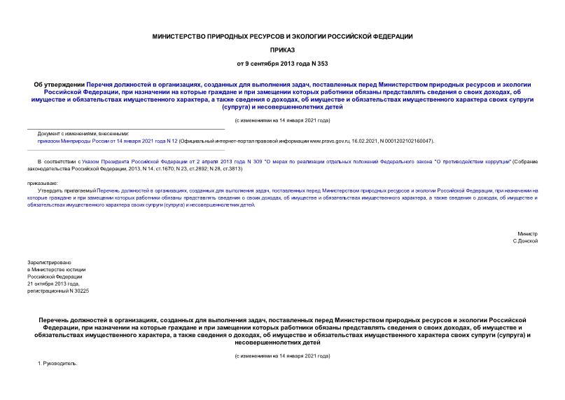 Приказ 353 Об утверждении Перечня должностей в организациях, созданных для выполнения задач, поставленных перед Министерством природных ресурсов и экологии Российской Федерации, при назначении на которые граждане и при замещении которых работники обязаны представлять сведения о своих доходах, об имуществе и обязательствах имущественного характера, а также сведения о доходах, об имуществе и обязательствах имущественного характера своих супруги (супруга) и несовершеннолетних детей