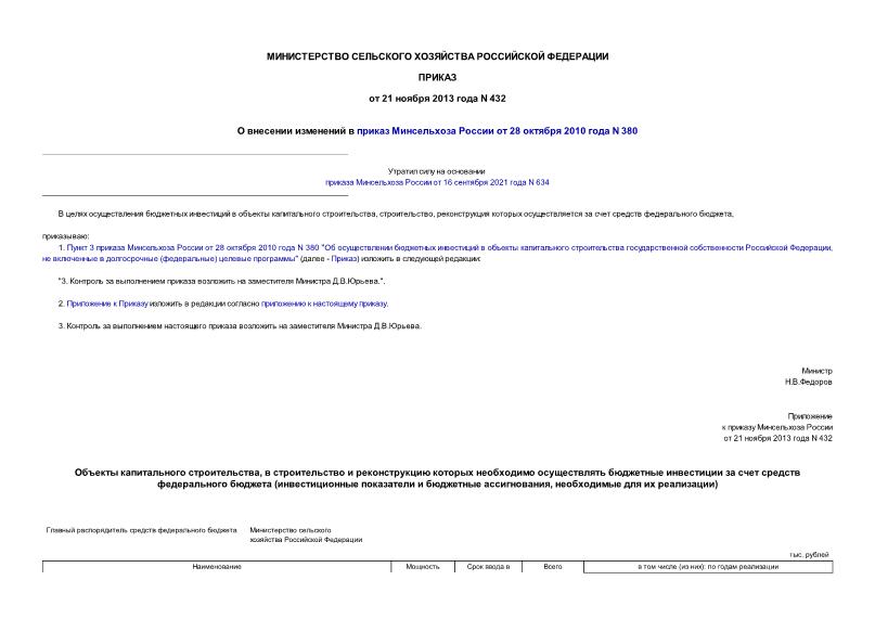 Приказ 432 О внесении изменений в приказ Минсельхоза России от 28 октября 2010 года N 380