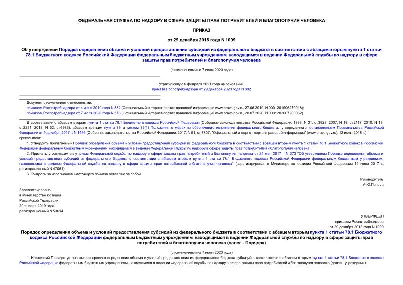 Приказ 1099 Об утверждении Порядка определения объема и условий предоставления субсидий из федерального бюджета в соответствии с абзацем вторым пункта 1 статьи 78.1 Бюджетного кодекса Российской Федерации федеральным бюджетным учреждениям, находящимся в ведении Федеральной службы по надзору в сфере защиты прав потребителей и благополучия человека