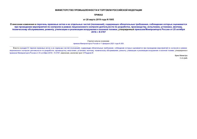 Приказ 1005 О внесении изменения в перечень правовых актов и их отдельных частей (положений), содержащих обязательные требования, соблюдение которых оценивается при проведении мероприятий по контролю в рамках лицензионного контроля деятельности по разработке, производству, испытанию, установке, монтажу, техническому обслуживанию, ремонту, утилизации и реализации вооружения и военной техники, утвержденный приказом Минпромторга России от 25 октября 2016 г. N 3787