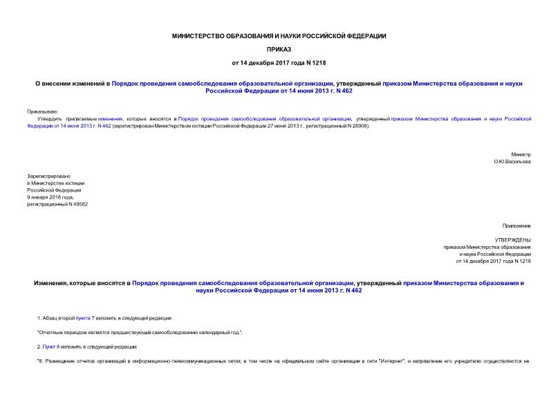 Приказ 1218 О внесении изменений в Порядок проведения самообследования образовательной организации, утвержденный приказом Министерства образования и науки Российской Федерации от 14 июня 2013 г. N 462