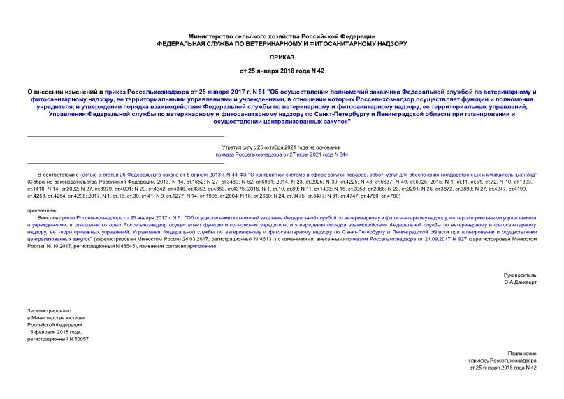 Приказ 42 О внесении изменений в приказ Россельхознадзора от 25 января 2017 г. N 51 