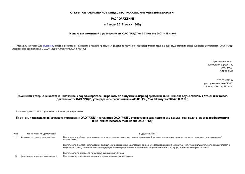Распоряжение 1344/р О внесении изменений в распоряжение ОАО 