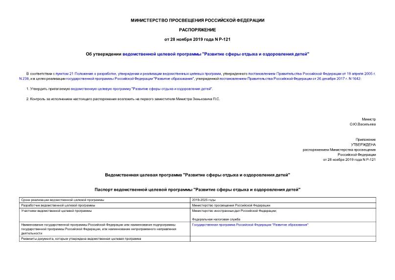 Распоряжение Р-121 Об утверждении ведомственной целевой программы 