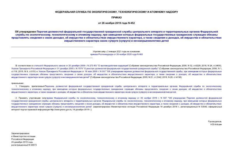 Приказ 452 Об утверждении Перечня должностей федеральной государственной гражданской службы центрального аппарата и территориальных органов Федеральной службы по экологическому, технологическому и атомному надзору, при замещении которых федеральные государственные гражданские служащие обязаны представлять сведения о своих доходах, об имуществе и обязательствах имущественного характера, а также сведения о доходах, об имуществе и обязательствах имущественного характера своих супруги (супруга) и несовершеннолетних детей