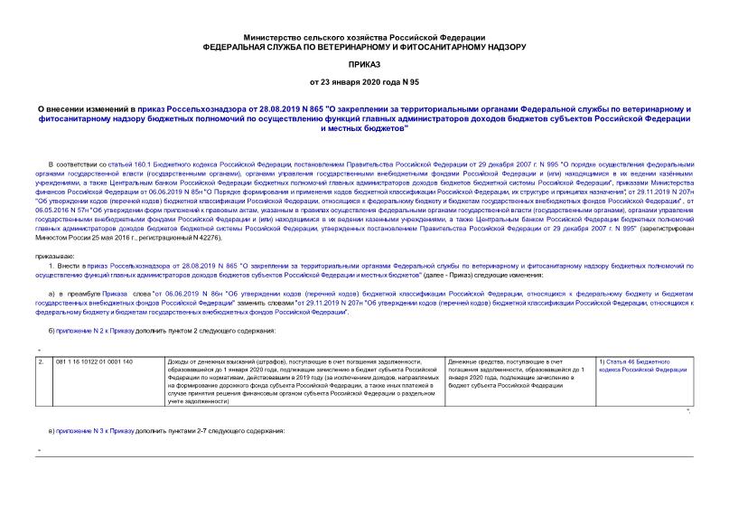 Приказ 95 О внесении изменений в приказ Россельхознадзора от 28.08.2019 N 865 